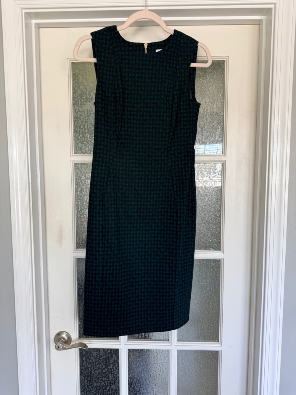 Calvin Klein Dark Green and Black Houndstooth Midi Sheath Dress